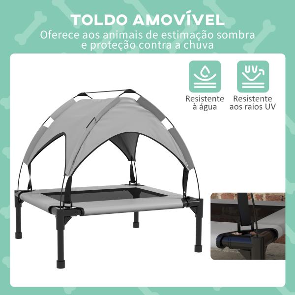 Cama para Cães Elevada com Toldo para Cães Médios com Estrutura de Aço e Bolsa de Transporte 76x61x69,5 cm Cinza Claro