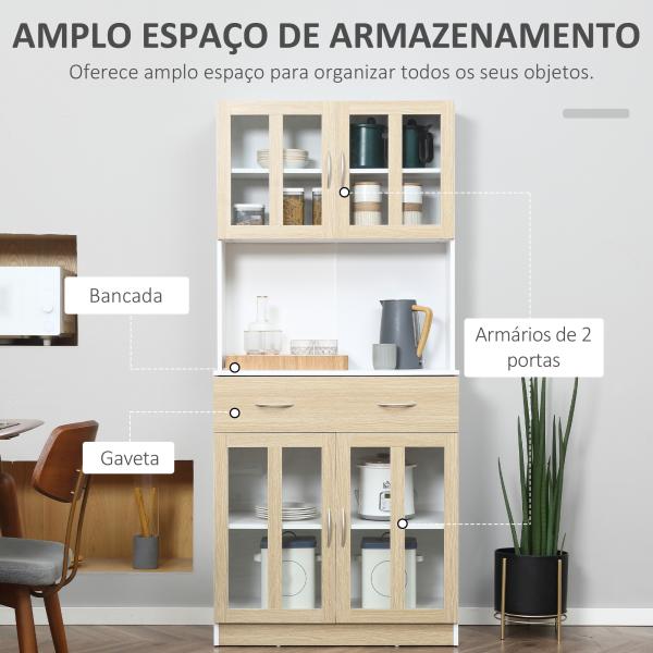 Aparador de Cozinha com 4 Portas de Vidro Bancada Aberta para Micro - Ondas 80x40x180 cm Branco e Madeira