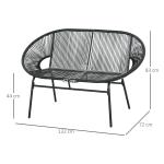 Sofá Acapulco de 2 Lugares com Apoios de Braço Almofada e Estrutura de Aço para Jardim Terraço Pátio 132x72x83 cm Preto