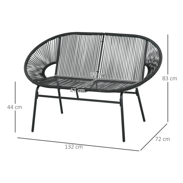 Sofá Acapulco de 2 Lugares com Apoios de Braço Almofada e Estrutura de Aço para Jardim Terraço Pátio 132x72x83 cm Preto