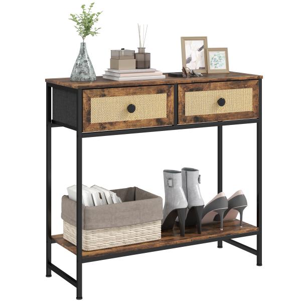 Mesa Consola Móvel de Entrada com Prateleira Aberta 2 Gavetas Frente em Vime Consola de Entrada 80x30x75 cm Marrom Rústico