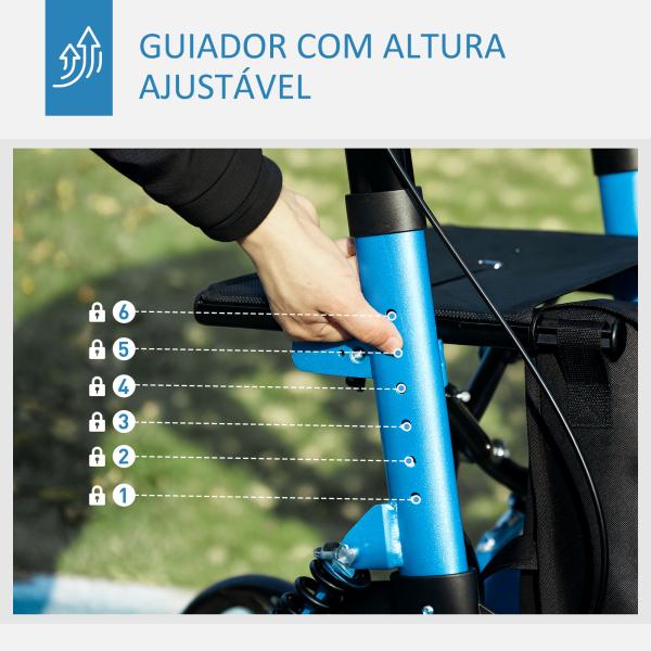 Andarilho Idosos Dobrável de Alumínio com Altura Ajustável Travão e Bolsa de Transporte 66x65x80 - 93 cm Preto e Azul