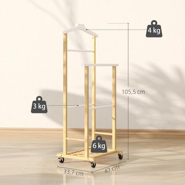 Cabide de Pé de Bambu com Rodas Cabide para Roupas com Barras para Calças e Prateleira Inferior para Sapatos Estilo Nórdico 47x33,7x105,5 cm Madeira e Branco
