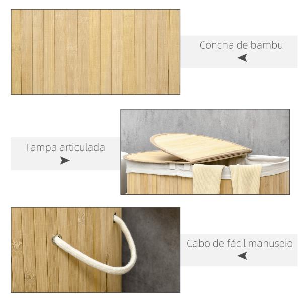 Cesto de Roupa Suja de Bambu 100L com 2 Compartimentos e Forro Removível 62,5x37x60,5 cm Madeira