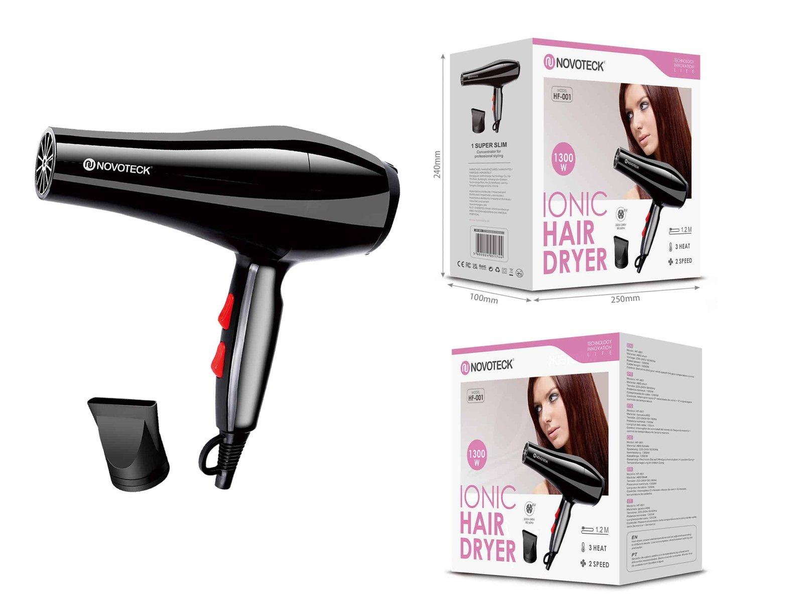 Secador de Cabelo HF-001 - 1300W, Tecnologia Iónica, 3 Níveis de Temperatura, 2 Velocidades