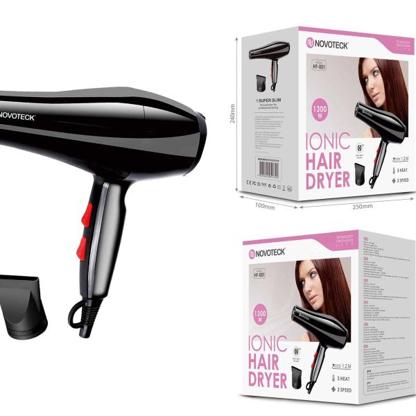 Secador de Cabelo HF-001 - 1300W, Tecnologia Iónica, 3 Níveis de Temperatura, 2 Velocidades