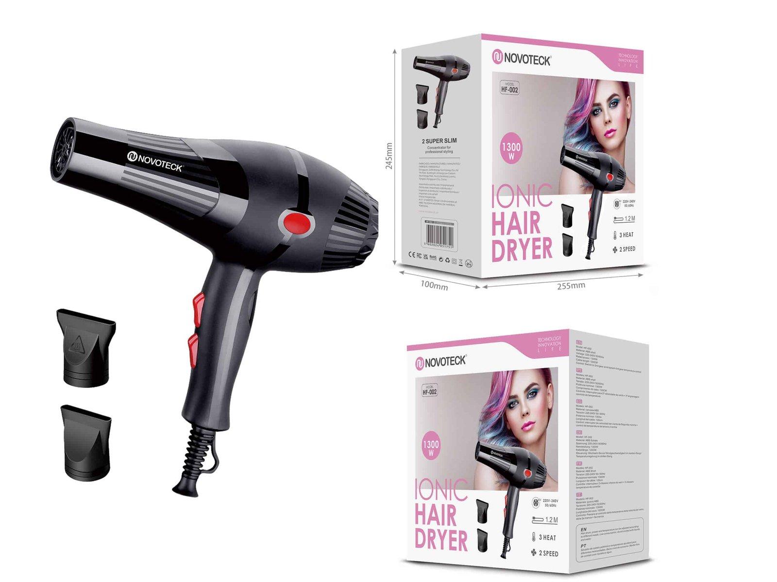 Secador de Cabelo HF-002 - 1300W, Tecnologia Iónica, 3 Níveis de Temperatura, 2 Bicos Concentradores