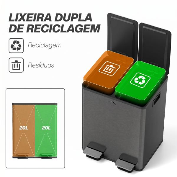 Papeleira de Cozinha em Aço Inoxidável com 2 Compartimentos 2x20L Pedal, Tampas de Fecho Suave e Balde Removível Preto