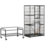 Gaiola para Pássaros com Rodas de 3 Níveis com 3 Poleiros Comedouros Brinquedos Rampas e Prateleira 83x53x180 cm Preto