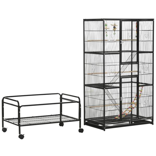 Gaiola para Pássaros com Rodas de 3 Níveis com 3 Poleiros Comedouros Brinquedos Rampas e Prateleira 83x53x180 cm Preto