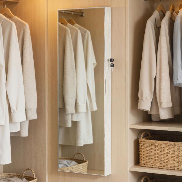 Espelho de Joias com Luz LED, Armário Montado na Parede ou Porta com Fechadura e Espelho Branco de Corpo Inteiro