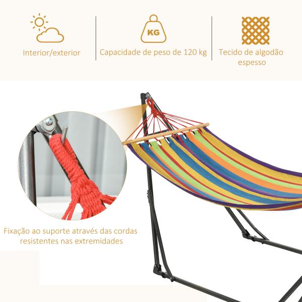 Cama Rede com Suporte Dobrável 2 em 1 Estendal com Barra Estrutura de Aço para Jardim 270x100x94 cm Multicolor