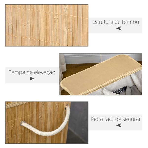 Cesto de Roupa Suja 90L em Bambu com 2 Compartimentos Alças e Bolsa Interna Removível 54,2x35,2x59,5 cm Madeira
