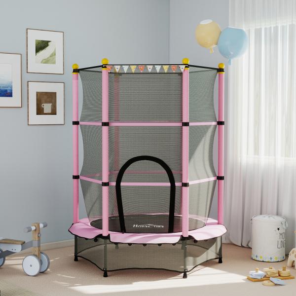 Trampolim para Crianças com Rede de Segurança e Estrutura de Aço para Interiores e Exteriores Carga 50kg Ø140x190 cm Rosa