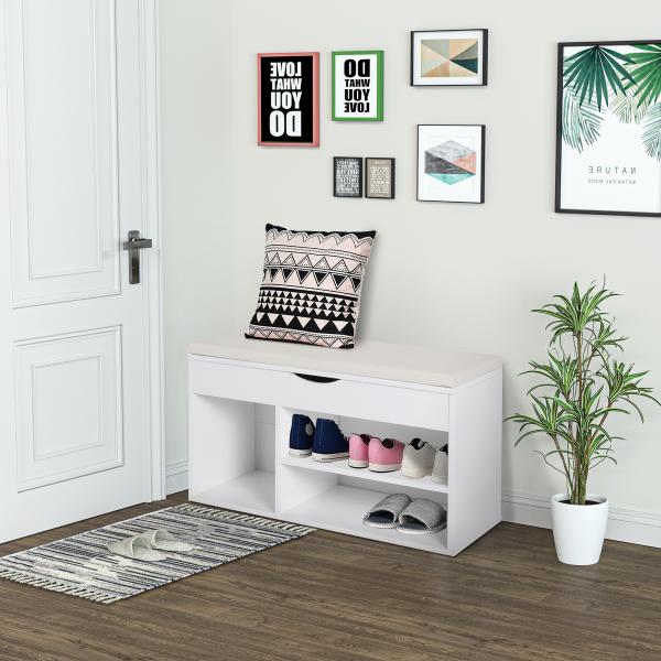 Banco Sapateira com Armazenamento Gaveta Prateleira e Assento Acolchoado para Entrada Estilo Moderno 80x30x47cm Branco