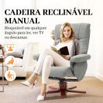 Poltrona Reclinável com Apoio para os Pés Estofada em Tecido Técnico Estrutura de Madeira Função Basculante Cinzento