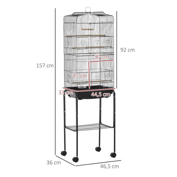 Gaiola para Passáros com Suporte Gaiola Metálica de Aves Canários com 4 Rodas Portas 4 Comedouros 3 Poleiros Bandeja Removível e Prateleira Inferior 46,5x36x157cm Preto