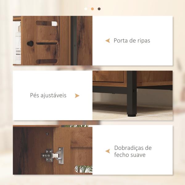 Móvel Auxiliar Casa de Banho com Porta de Ripas 3 Compartimentos Abertos Prateleira Ajustável 60x30x85 cm Castanho Rústico