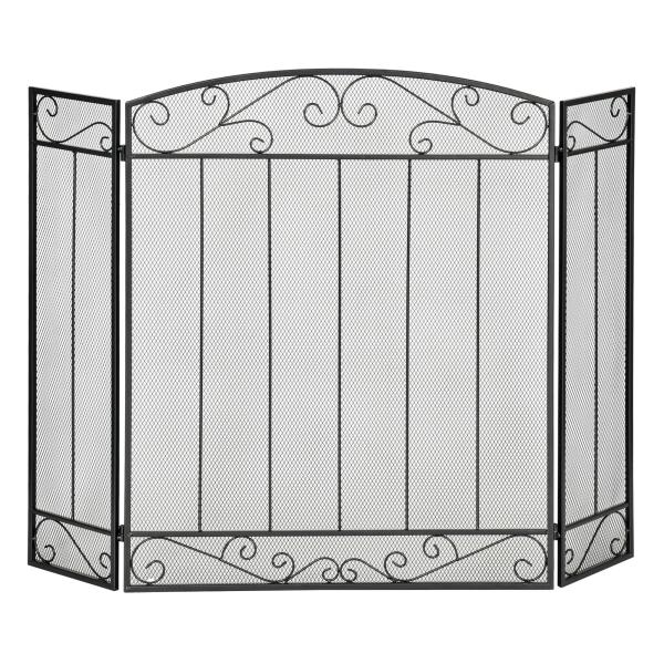 Frente de Lareira Dobrável Frente para Lareira com 3 Painéis Dobradiças Estrutura de Metal e Arame Decorativo 105x80,5cm Preto