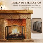 Resguardo Anti - Faíscas para Lareira Dobrável de 3 Painéis em Metal com Design Floral para Casa 107x60 cm Preto