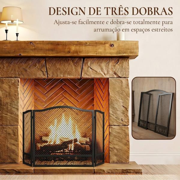 Resguardo Anti - Faíscas para Lareira Dobrável de 3 Painéis em Metal com Design Floral para Casa 107x60 cm Preto