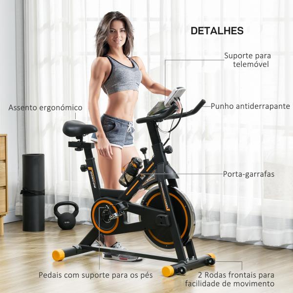 Bicicleta Estática com Resistência Ajustável Volante de Inércia de 8kg Ecrã LCD Assento e Guiador Ajustáveis 103x48x115cm Preto e Laranja