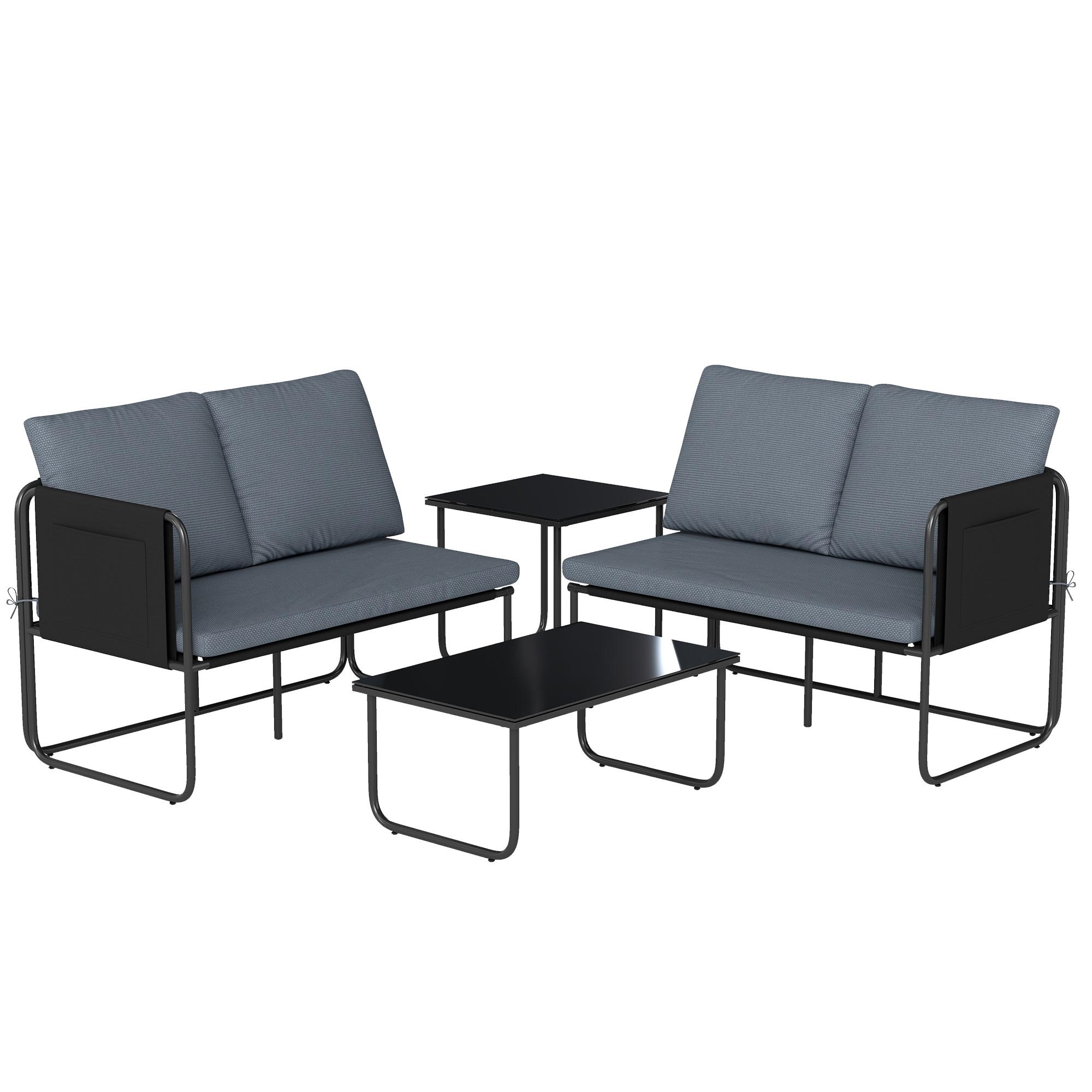 Conjunto de Jardim de 4 Peças Móveis de Exterior com 2 Sofás de 2 Lugares 2 Mesas de Vidro Almofadas Capas Removíveis Cinzento