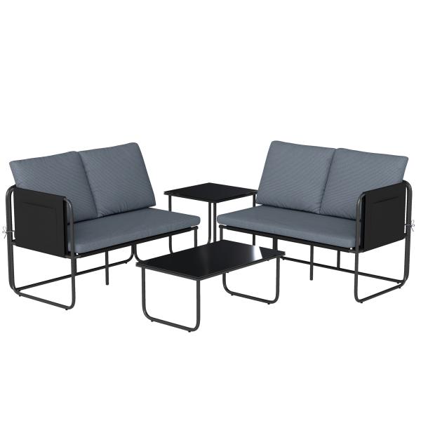 Conjunto de Jardim de 4 Peças Móveis de Exterior com 2 Sofás de 2 Lugares 2 Mesas de Vidro Almofadas Capas Removíveis Cinzento