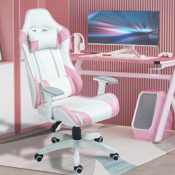 Cadeira Gaming Reclinável com Almofada Lombar Apoio de Cabeça Basculante e Altura Ajustável 67x60x120 - 128 cm Branco e Rosa
