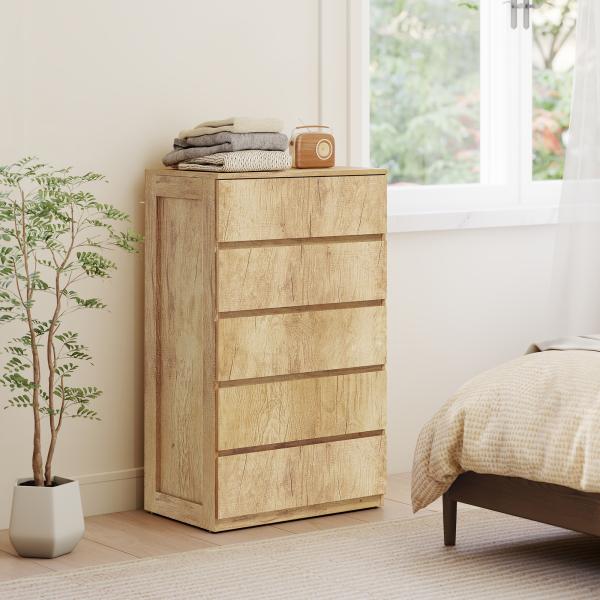 Cómoda de 5 Gavetas para Quarto Moderna Design sem Puxadores para Sala de Jantar Entrada 60x39x100 cm Madeira Natural