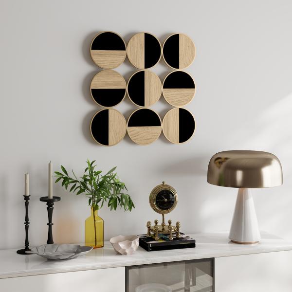 Quadro Decorativo de Parede Geométrico Decoração de Parede Moderno 3D 60x60 cm com Espelho de Plástico Preto e Madeira
