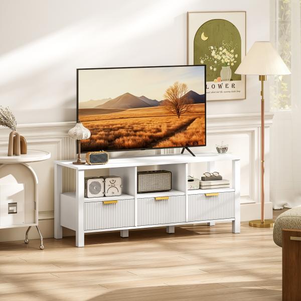 Móvel de TV Moderno com 3 Gavetas e 3 Prateleiras Abertas para Televisores de 43 - 55 Polegadas 120x39,5x50 cm Branco