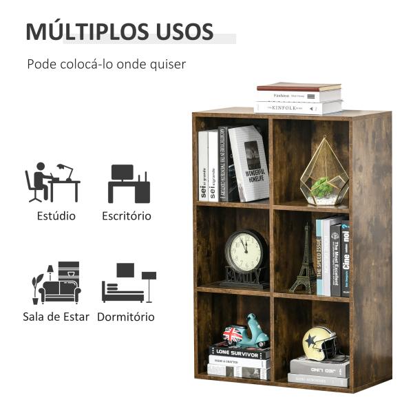 Estante de 3 Níveis Prateleira para Livros com 6 Cubos de Arrumação para Escritório 65,5x30x97,5 cm Castanho Rústico