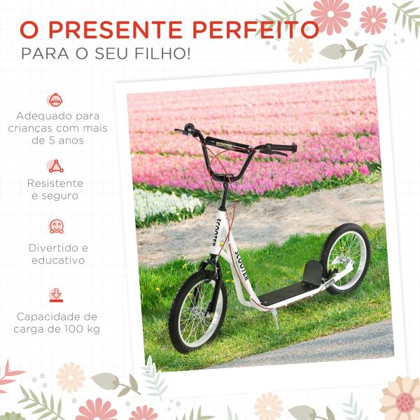 Trotinete com Guiador Ajustável 2 Pneus de Borracha Insufláveis com Travagem Dupla e Rodas 16" 139x58x90 - 96 cm Branco