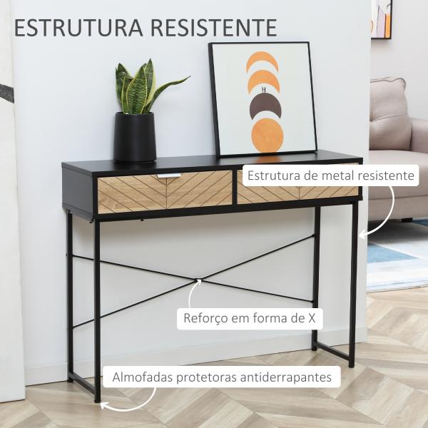 Mesa Consola 100x30x75 cm Mesa de Entrada Moderna com 2 Gavetas de Armazenamento Preto e Madeira