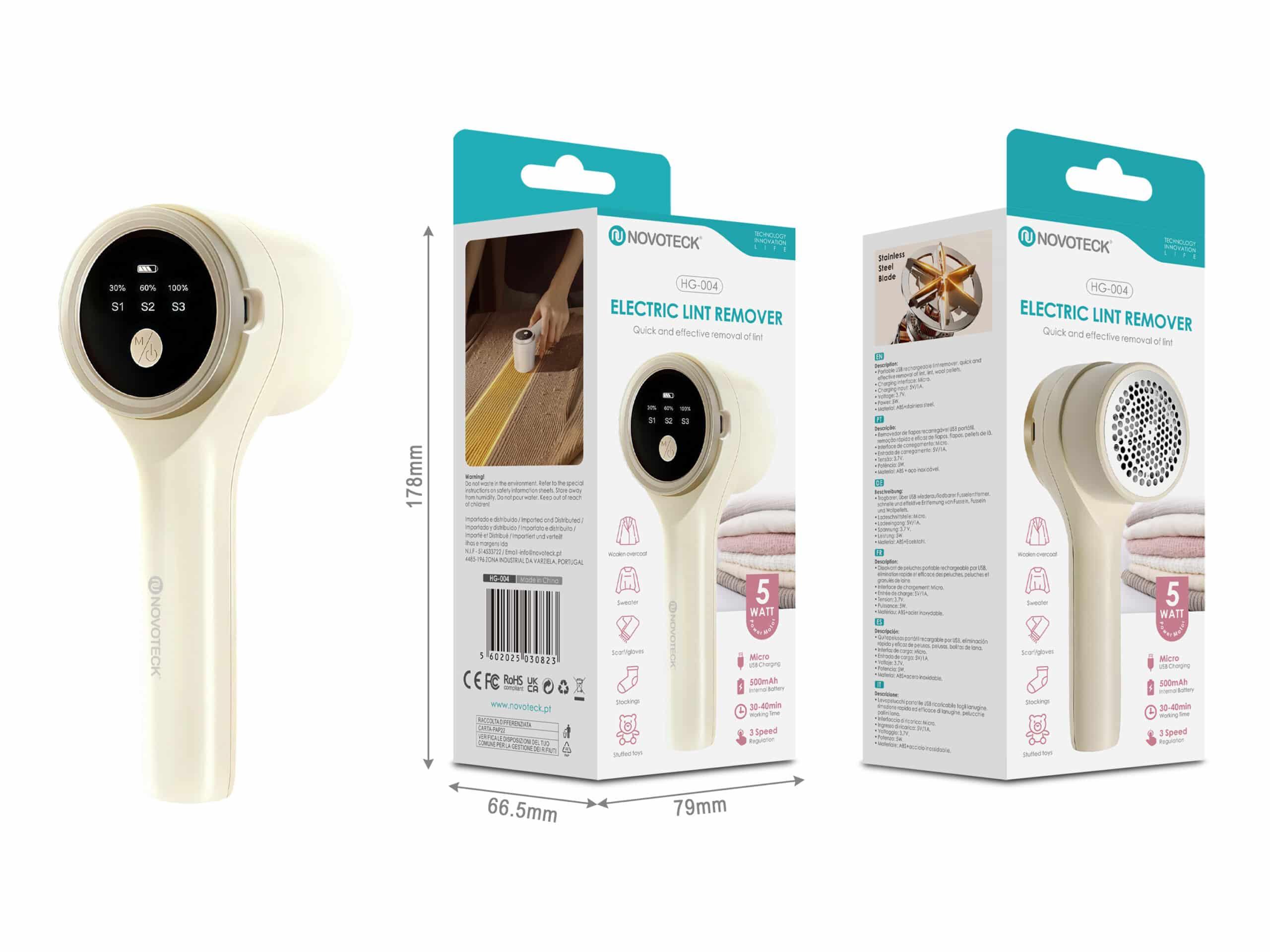 Removedor de Borbotos Elétrico Novoteck HG - 004 – Recarregável 5W com Visor Digital, 3 Velocidades, Bateria 500mAh, USB Micro, Ideal para Roupas e Estofos