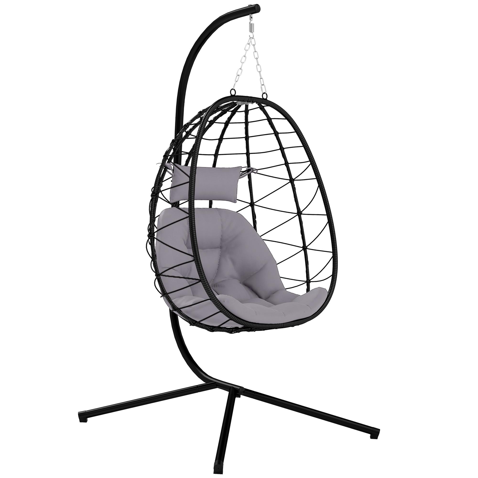 Cadeira Suspensa com Suporte Baloiço Jardim com Cesto Dobrável Almofada e Apoio de Cabeça 98x95x198 cm Cinzento