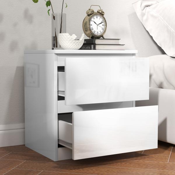 Mesa de Cabeceira Moderna Mesa de Cabeceira com 2 Gavetas Mesa de Cabeceira para Dormitório 40x34x45 cm Branco Brilhante