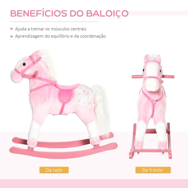 Cavalo Baloiço de Pelúcia para Crianças entre 3 - 6 Anos com Sons de Relincho 74x28x65 cm Rosa