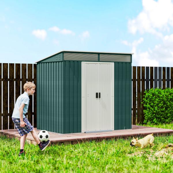 Abrigo de Jardim 2 m² 195x122x181,5 cm Abrigo de Armazenamento Metálico com Porta de Correr e 2 Janelas Verde