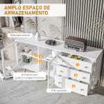 Aparador de Sala de Estar com 2 Portas de Vidro 3 Gavetas e Pés de Madeira de Borracha 160x40x80 cm Branco e Madeira