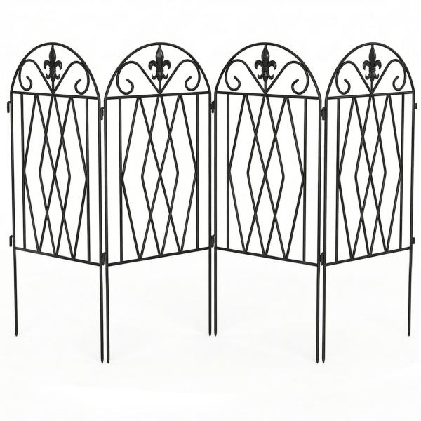 Conjunto de 4 Cercas de Jardim Metálicas 125x56 cm com Design Arqueado Resistentes e Fáceis de Instalar para Pátio Relvado Preto