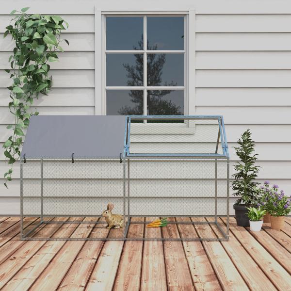 Gaiola para Pequenos Animais de Aço com 1 Porta Superior e Cobertura Anti - UV para Exterior Jardim 198x100x120 cm Prata