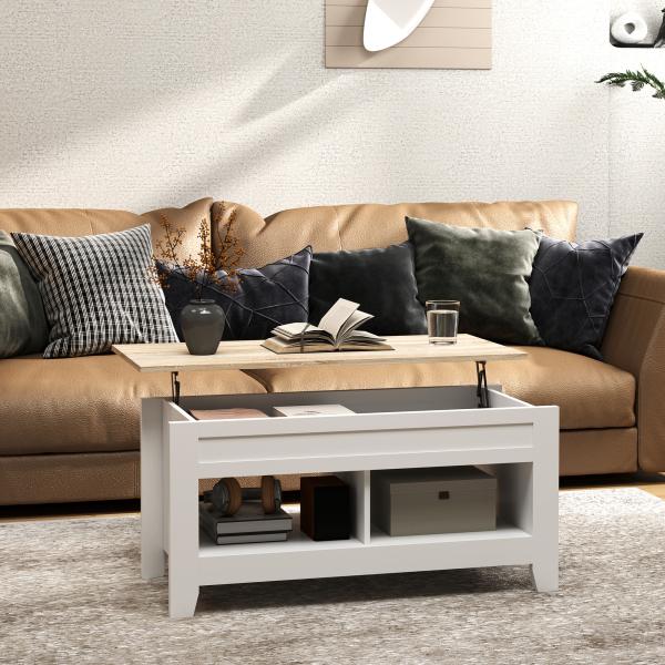 Mesa de Centro com Bancada Elevável 2 Compartimentos Abertos Bancada de Madeira 105x50x49 cm Branco e Madeira