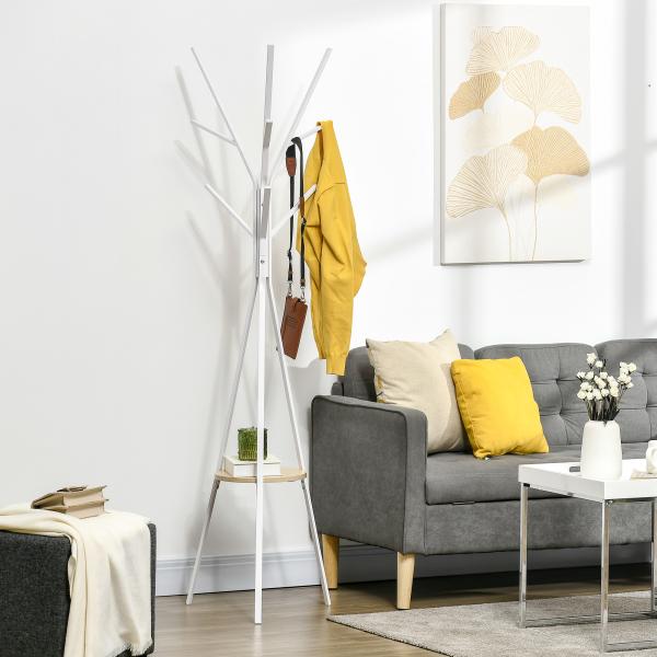 Cabide de Pé Metálico para Pendurar Roupa Bolsas com 9 Ganchos e Prateleira Cabide de Pé Moderno 45x45x180 cm Branco