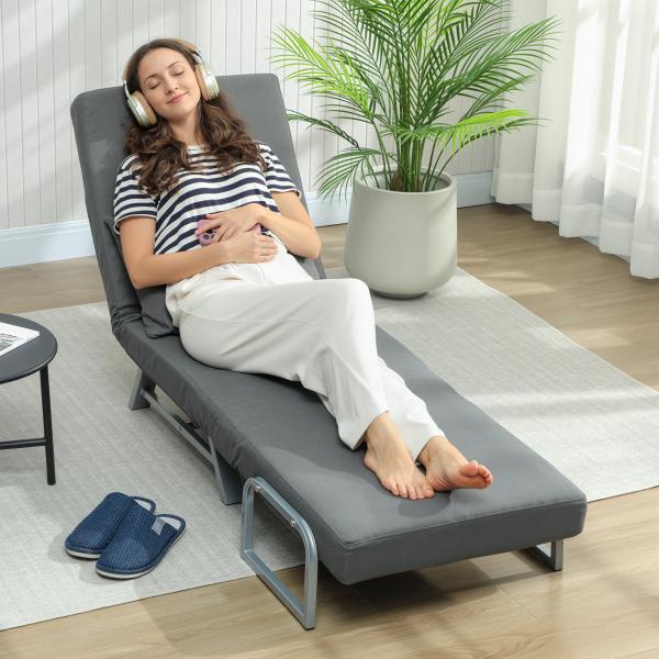 Sofá Cama Dobrável Estofado em Linho Sintético com Encosto Ajustável em 5 Níveis e Almofada Acolchoada 73x78x81 cm Cinzento Escuro