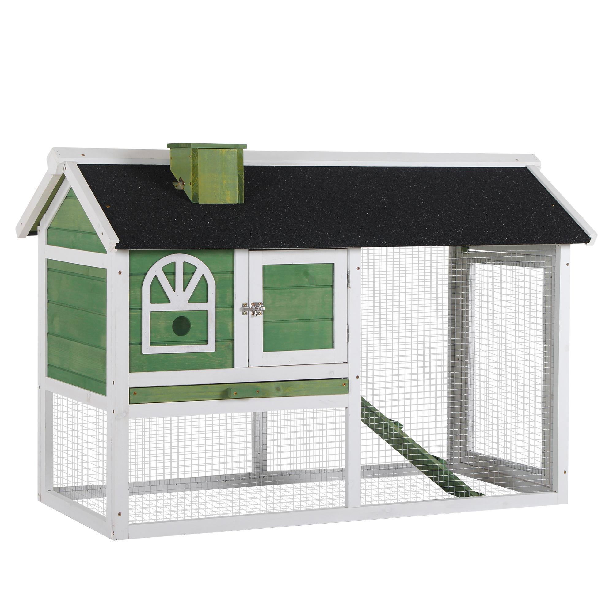 Coelheira de Madeira 120x60x79 cm Coelheira com Teto Asfáltico Bandeja Removível Escada e Chaminé para Exterior Verde