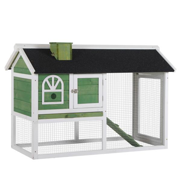 Coelheira de Madeira 120x60x79 cm Coelheira com Teto Asfáltico Bandeja Removível Escada e Chaminé para Exterior Verde