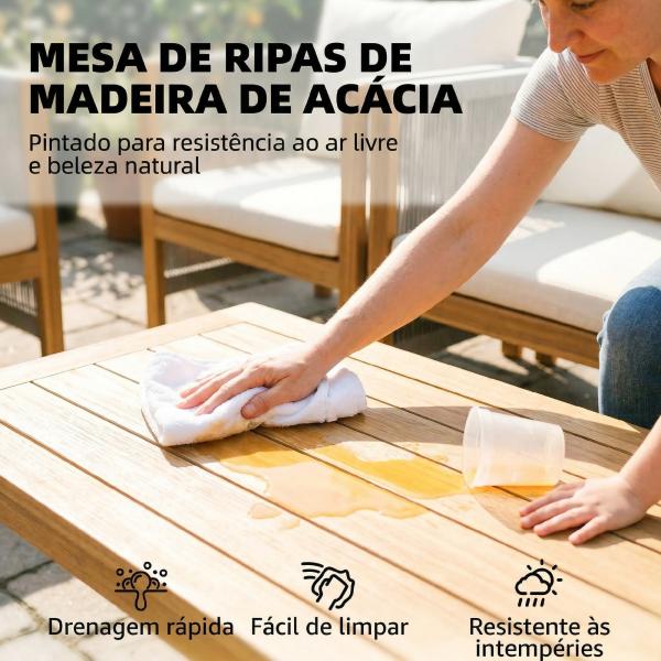 Conjunto de Móveis de Jardim de 4 Peças com Sofá de 2 Lugares 2 Poltronas Mesa de Madeira Almofadas e Corda de PP Madeira e Bege