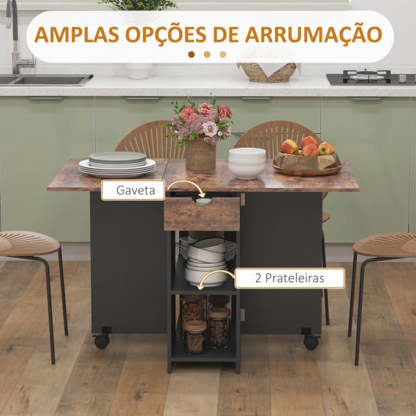 Mesa de Cozinha Dobrável com Rodas Laterais Rebatíveis Gaveta e Prateleiras para 2 - 4 Pessoas 120x72x75 cm Madeira Branco